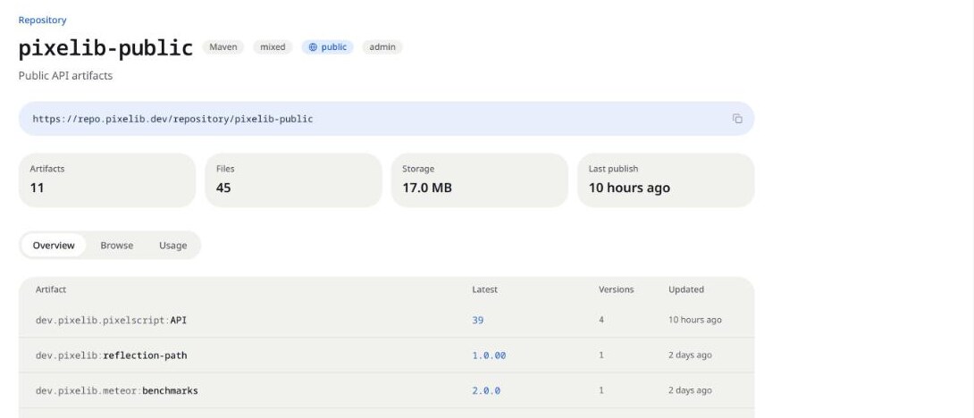The Arca repository view, showing artifacts, storage and publish activity