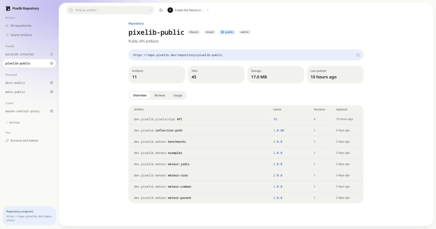 A repository in Arca, with its artifacts, storage and publish activity